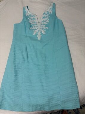 Lilly Pulitzer Aqua Sleeveless Shift Dress with White Embroidery